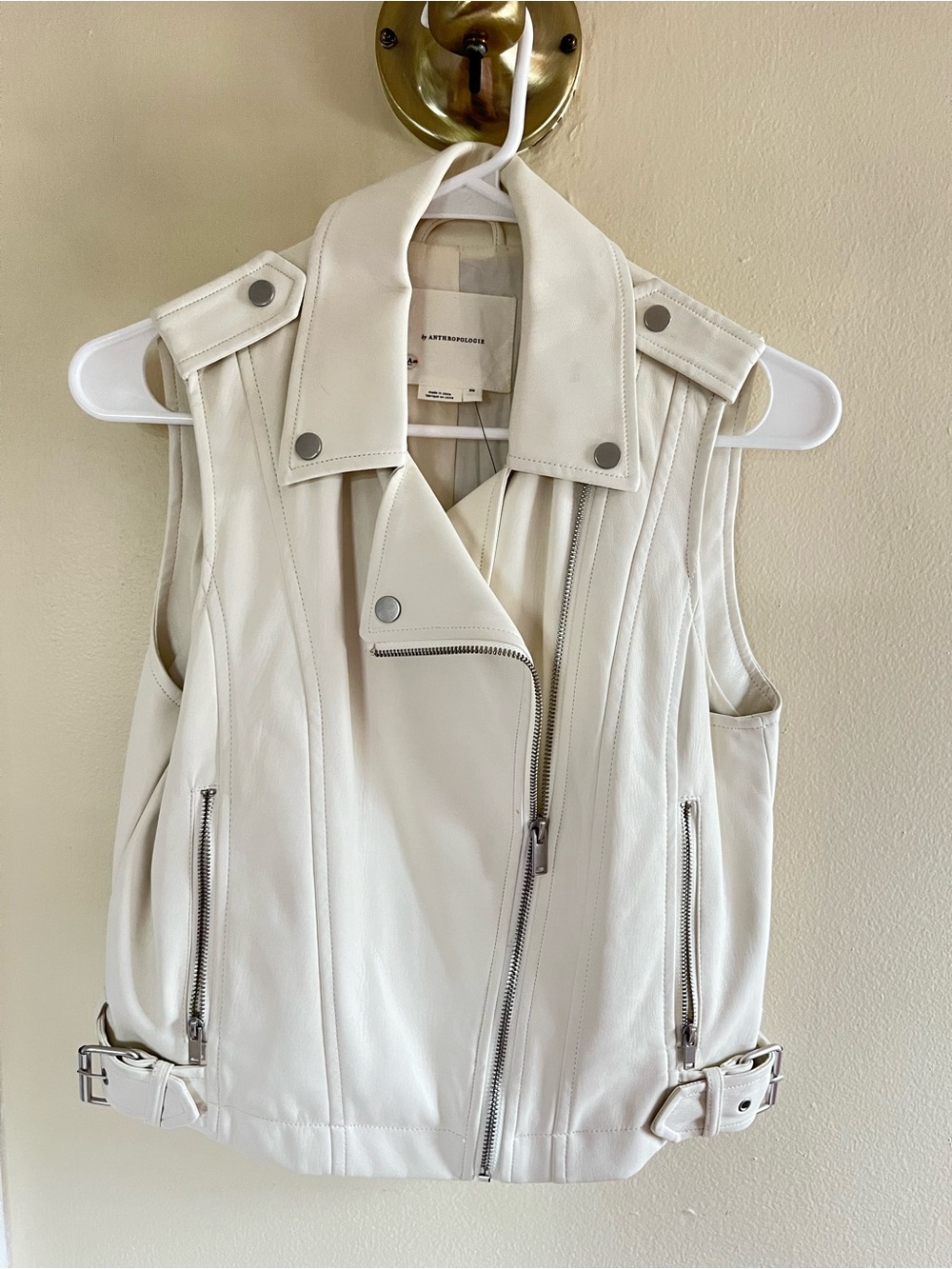 Anthropologie White Leather Moto Vest